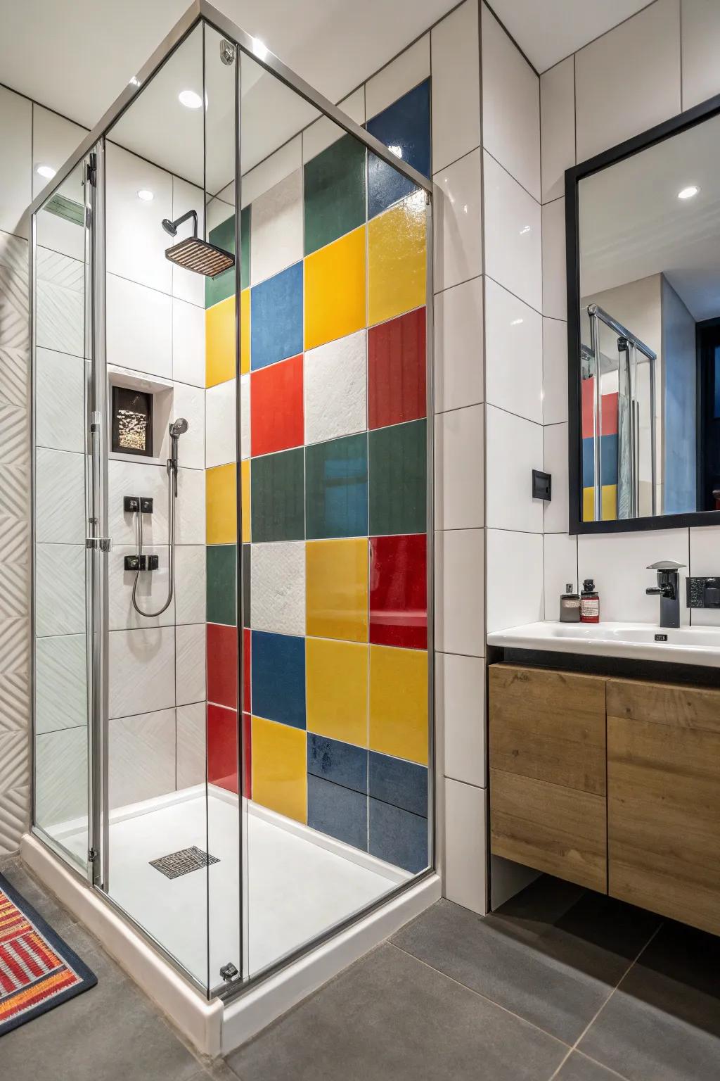 A shower showcasing striking color-blocked tiling for a dramatic, up-to-date affirmation.