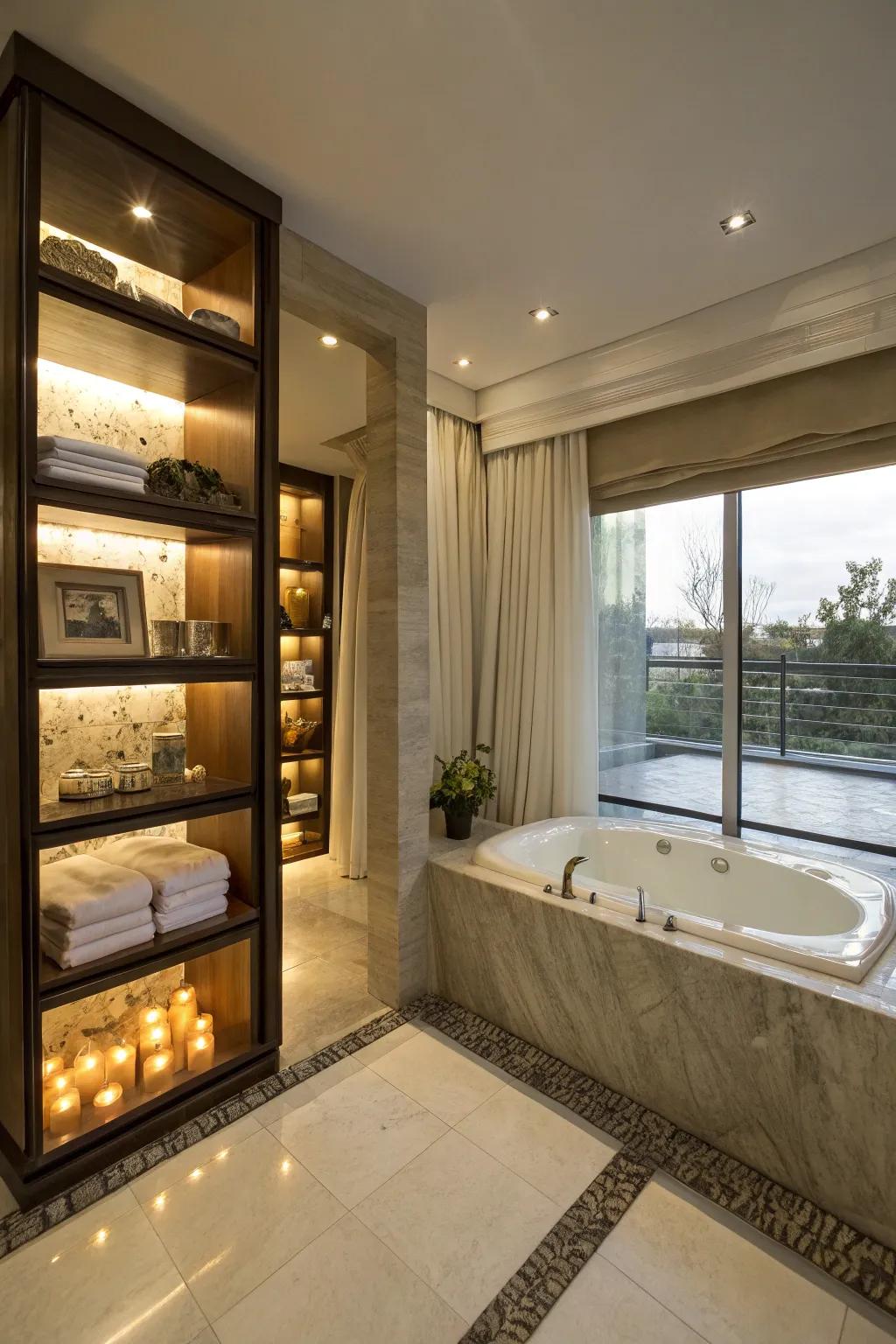 Built-in racks offer practical storage solutions while maintaining style.