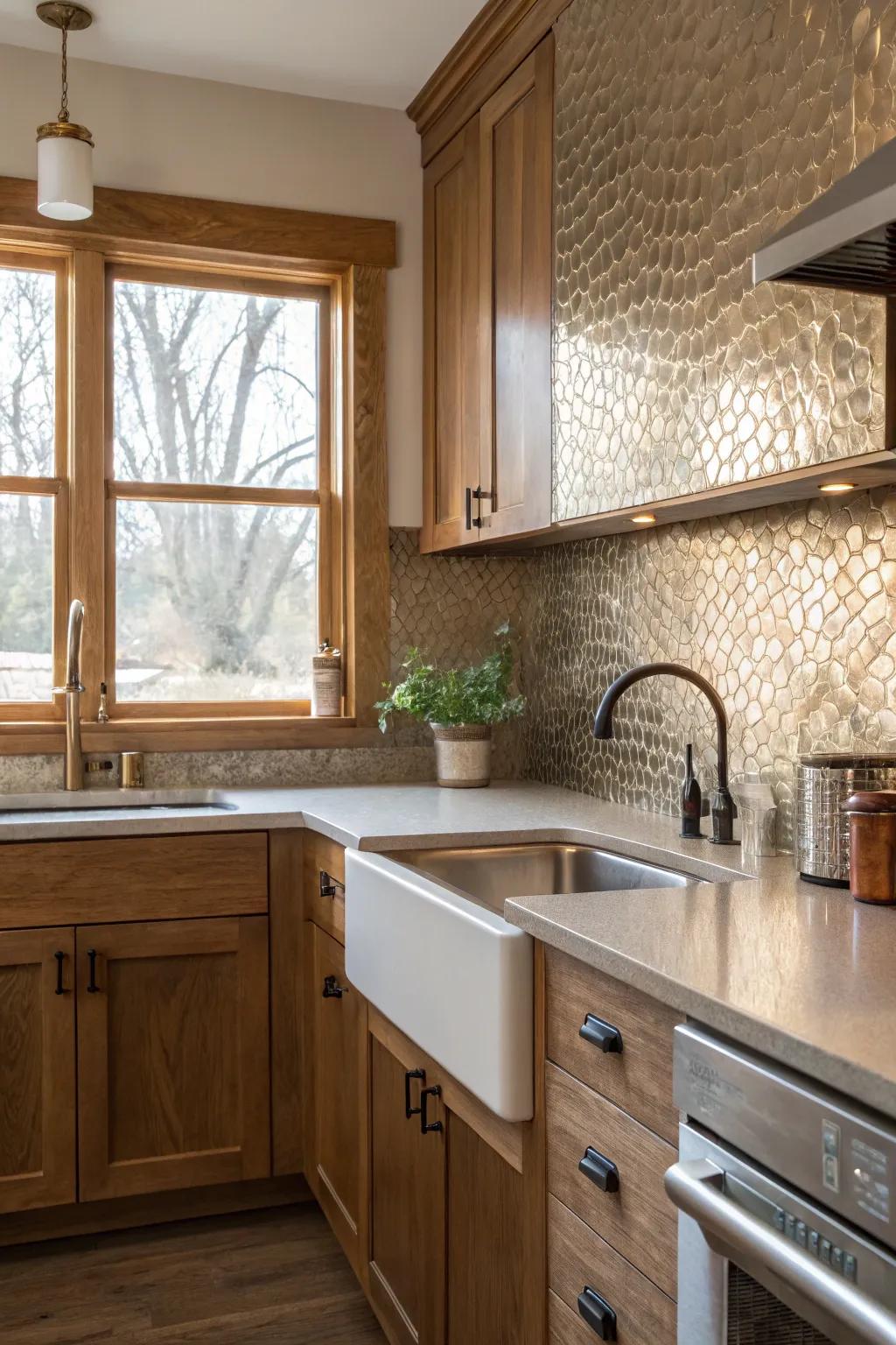 A kitchen showcasing a timeless textured metallic backsplash.