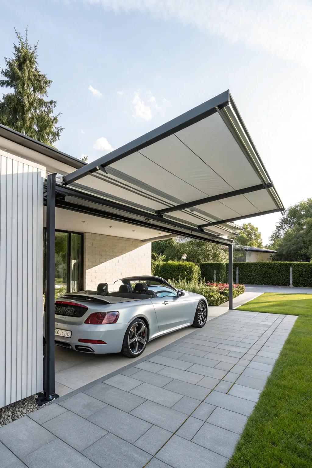 A convertible carport offers adjustable spaces for various needs and occasions.