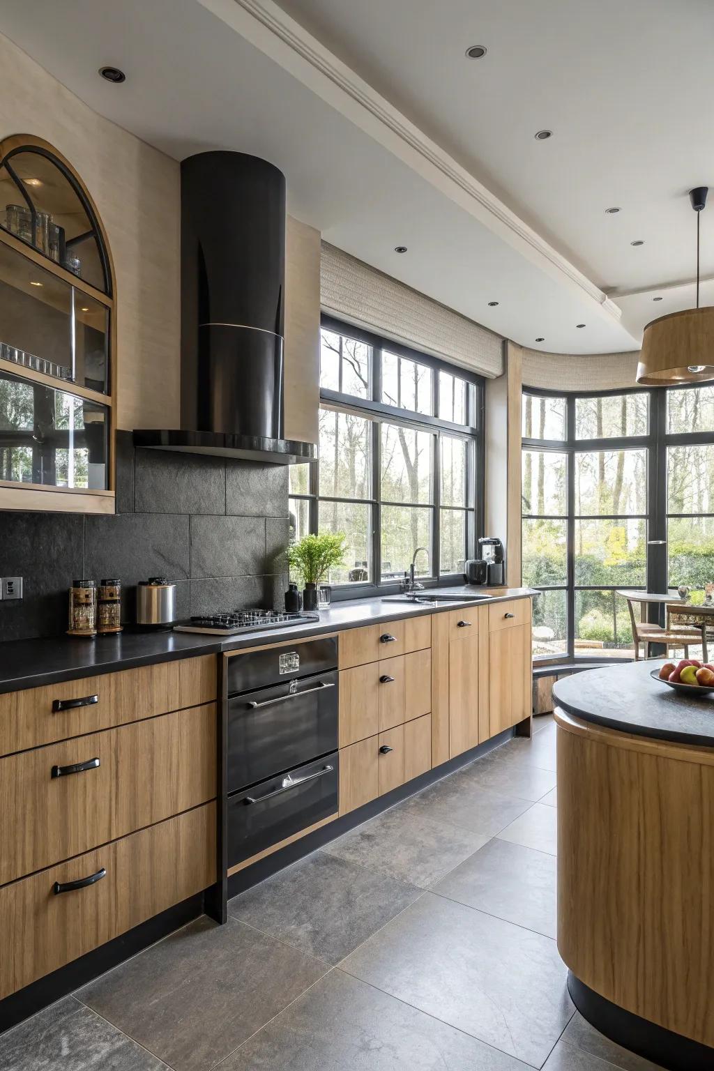 This mid-century kitchen features a striking contrast thanks to the dark shades.