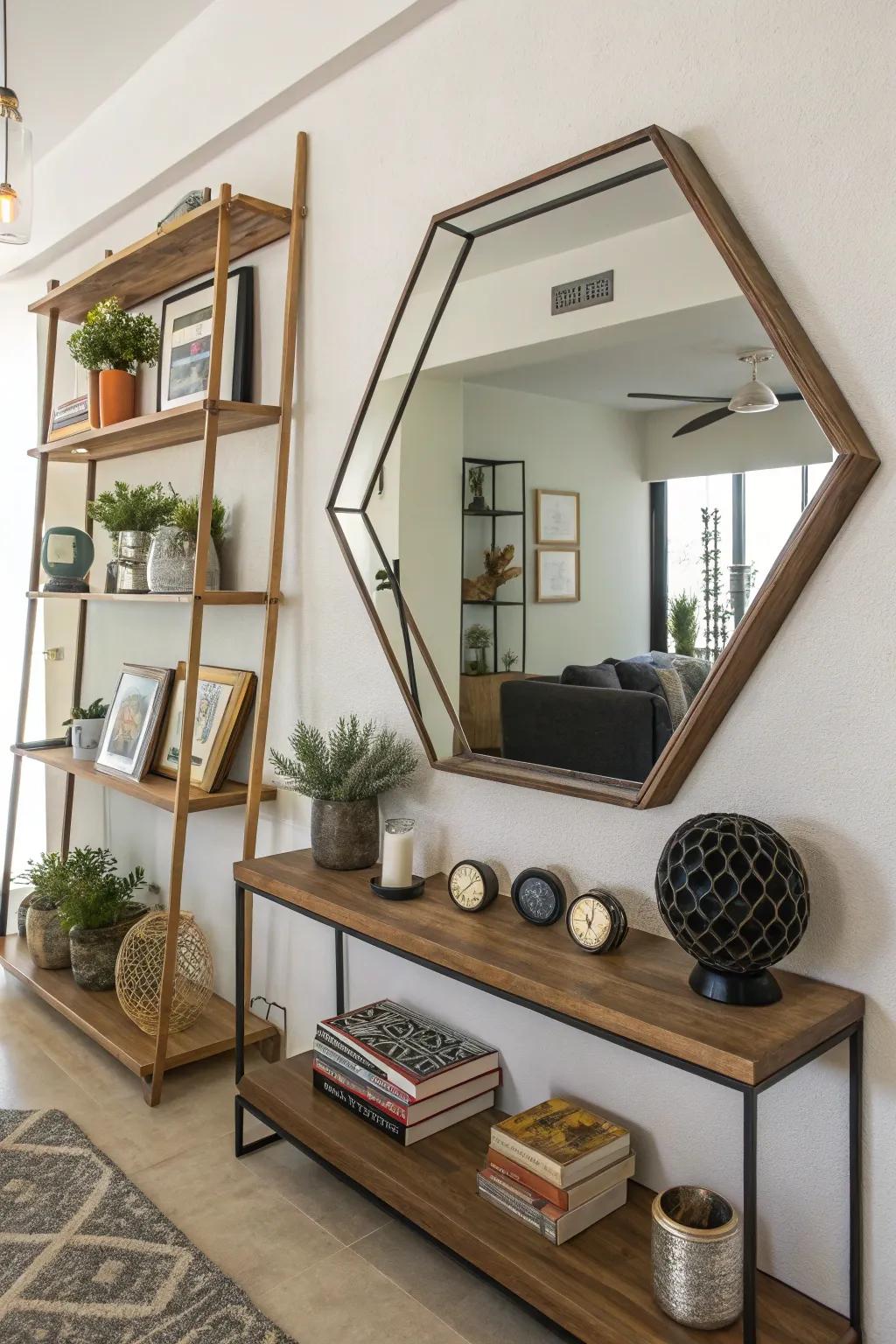 A geometric mirror that has an asymmetrical shelf for a modern twist.