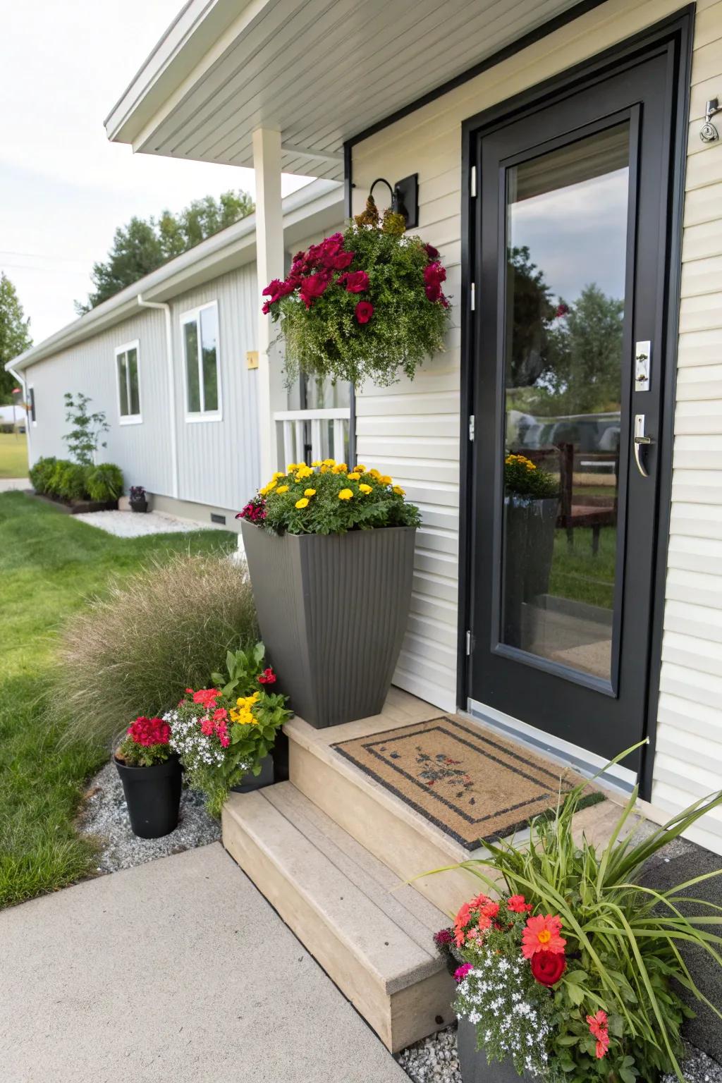 A beautifully adorned entryway featuring planters and a stylish door, making a welcoming first impression.
