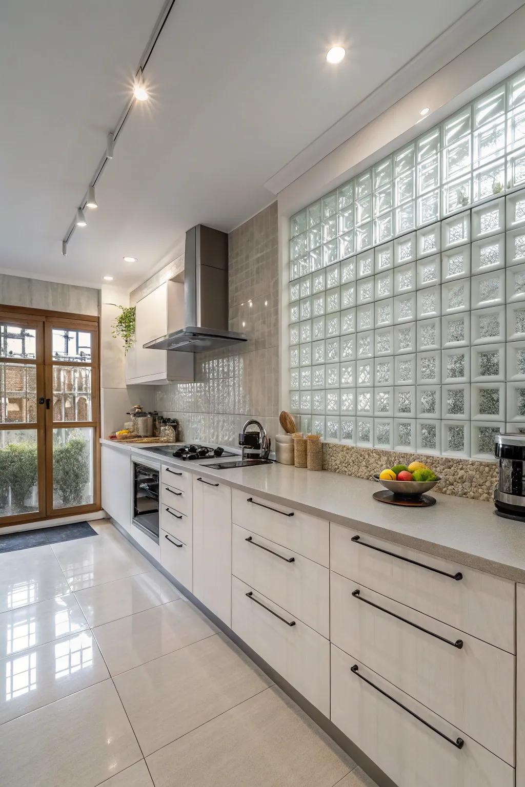 Monochrome crystal blocks bring modernity and light to the kitchen.