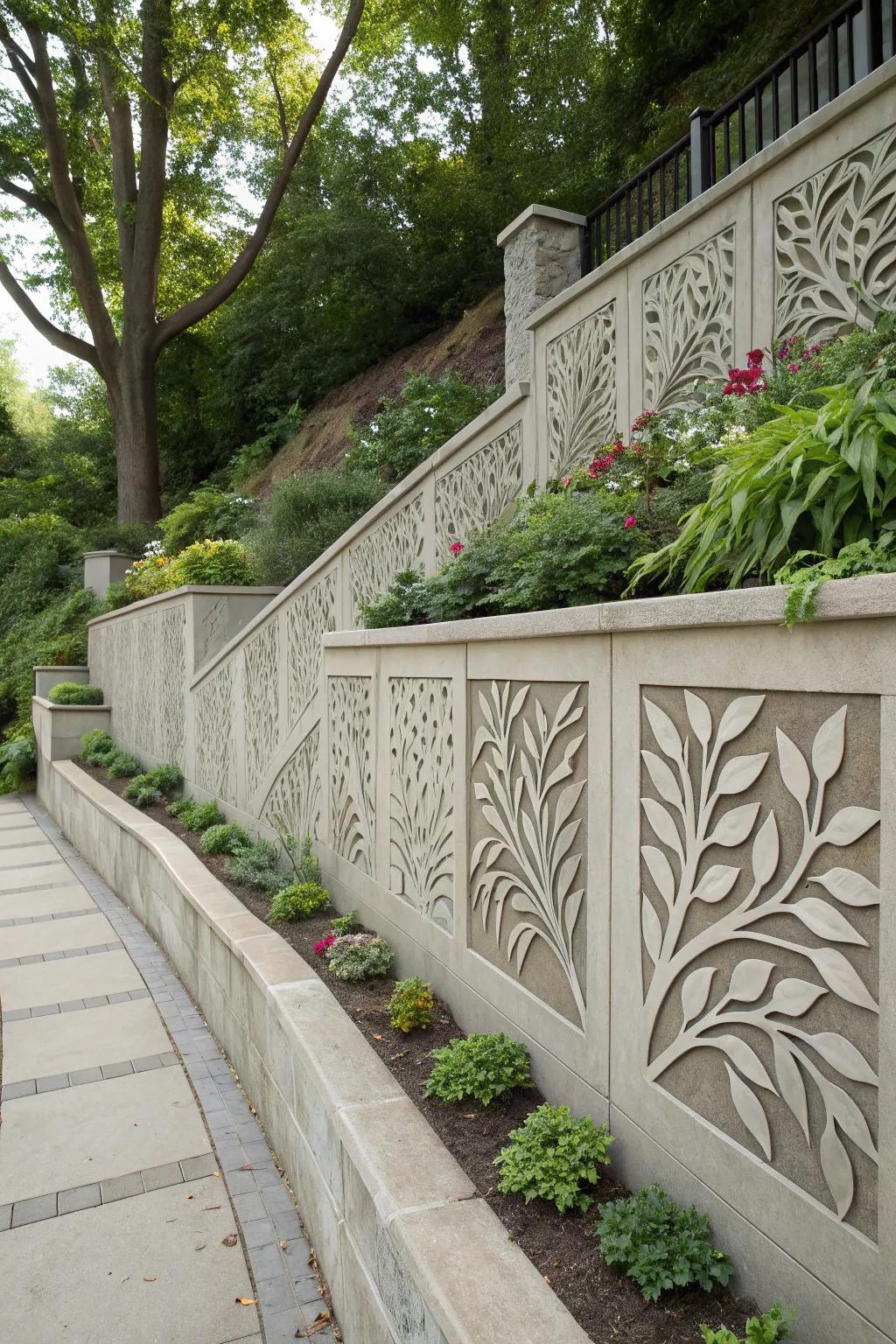 Ornate patterned concrete wall injecting intrigue.