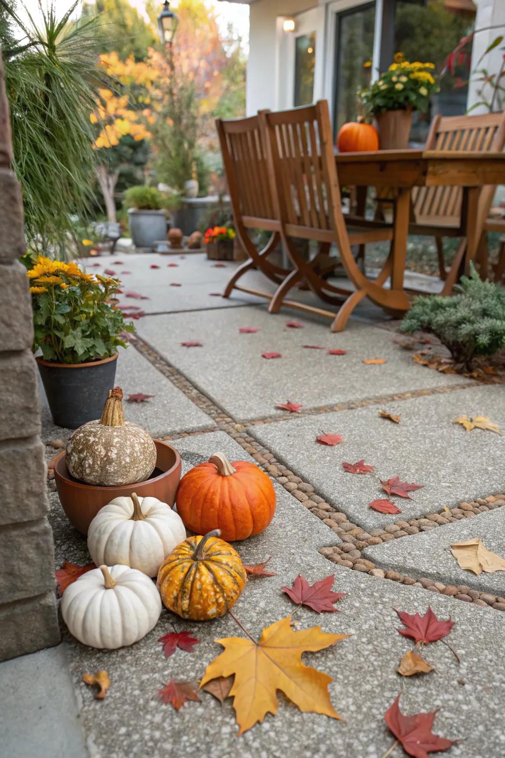 Seasonal decor keeps the patio fresh all year.