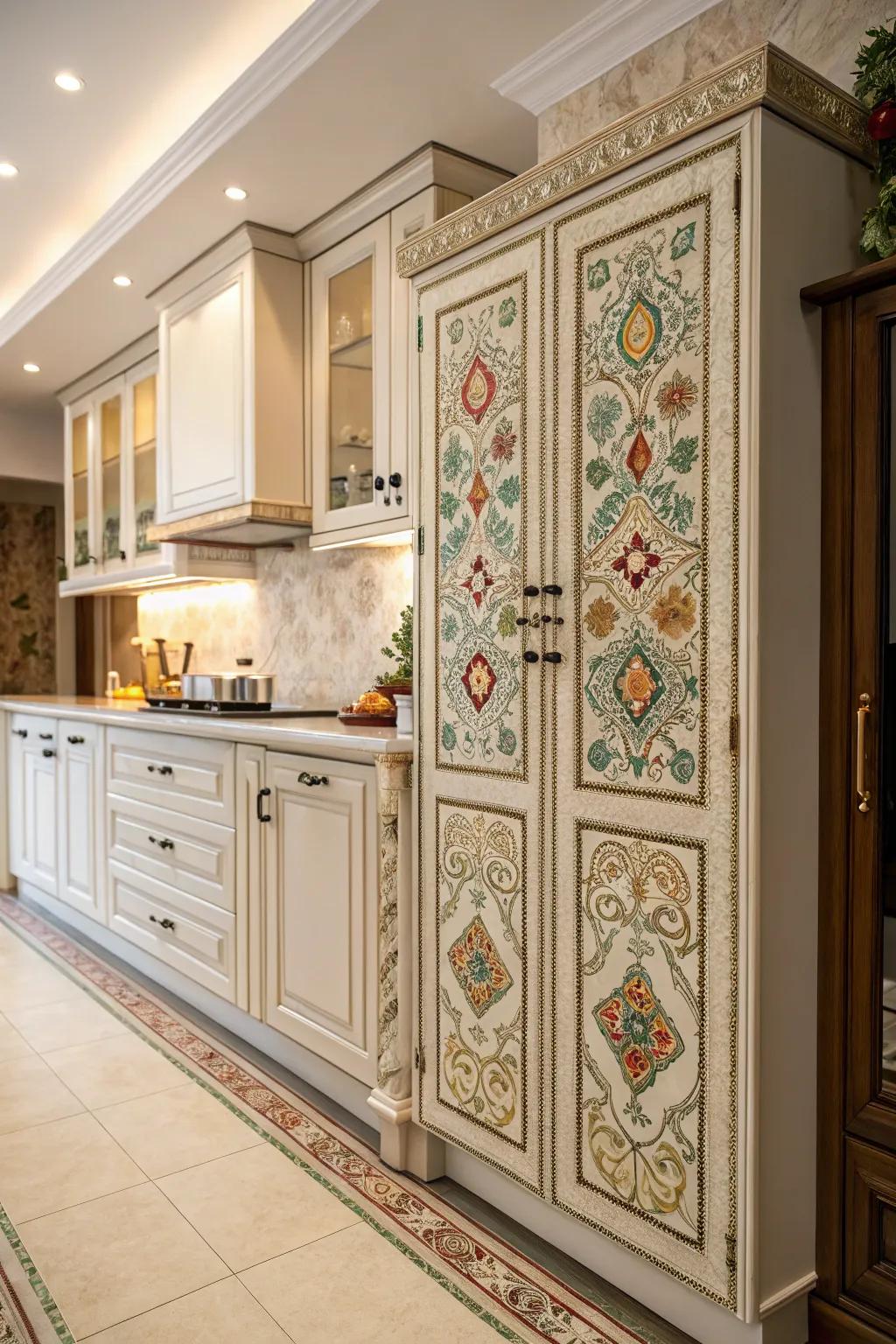 Decorated boards add a personalized touch to cabinets.