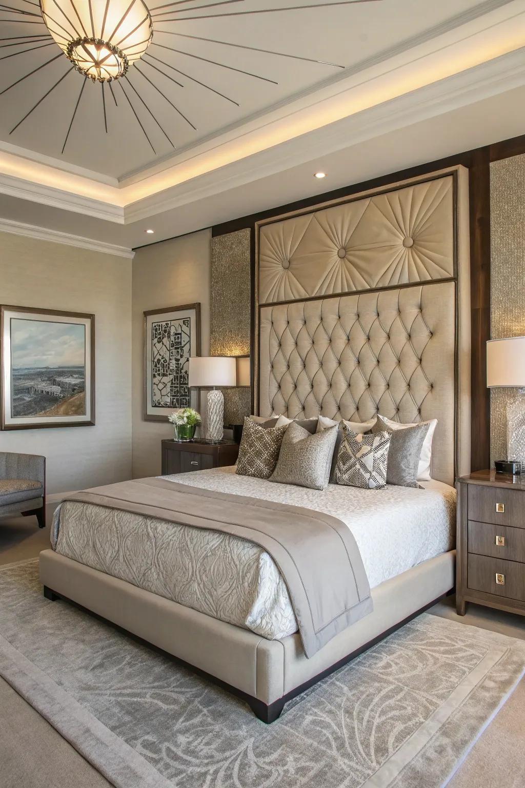 A striking headboard serves as the focal point in this contemporary bedroom.