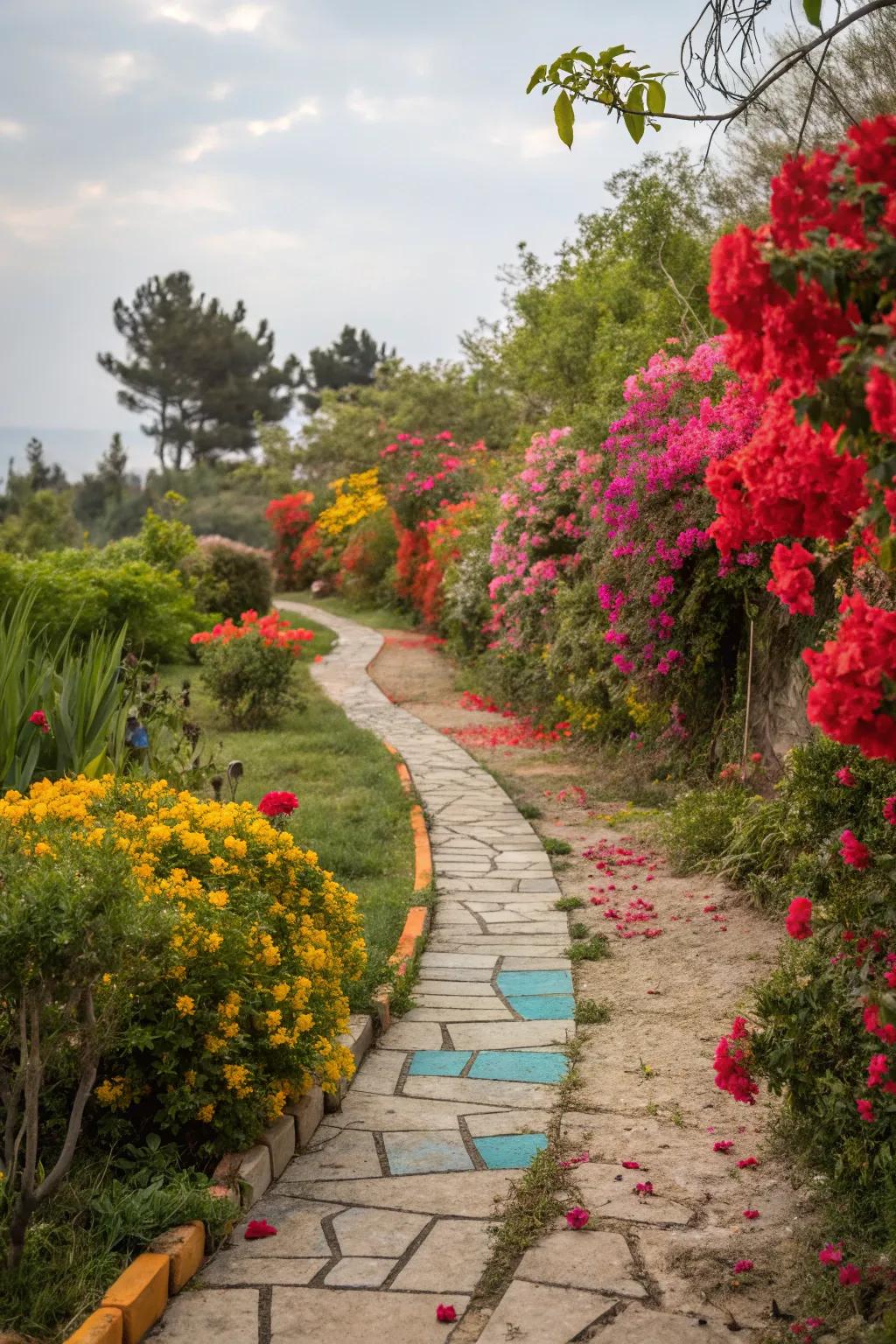 A garden path that stands out with strong hues, adding energy to the space.