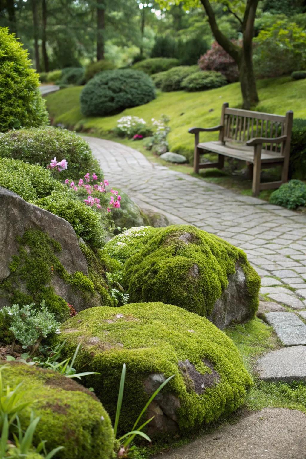 Stones and moss create a harmonious and serene garden scene.