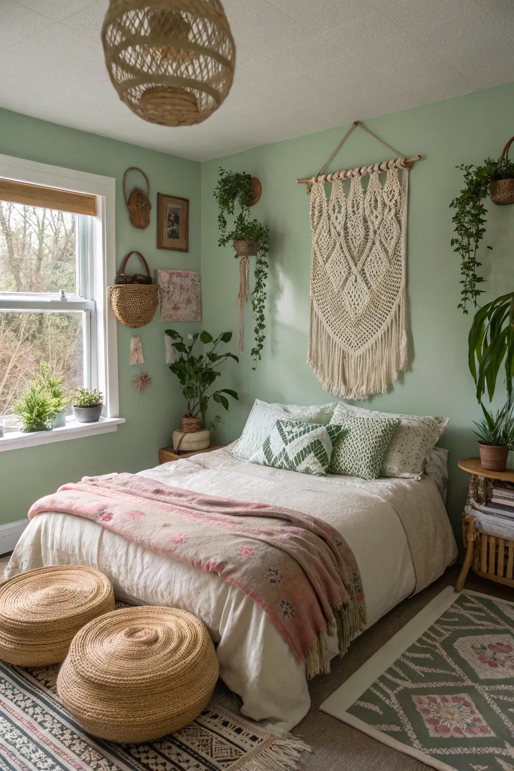Eclectic boho accents with sage green together create a laid-back, artistic vibe.