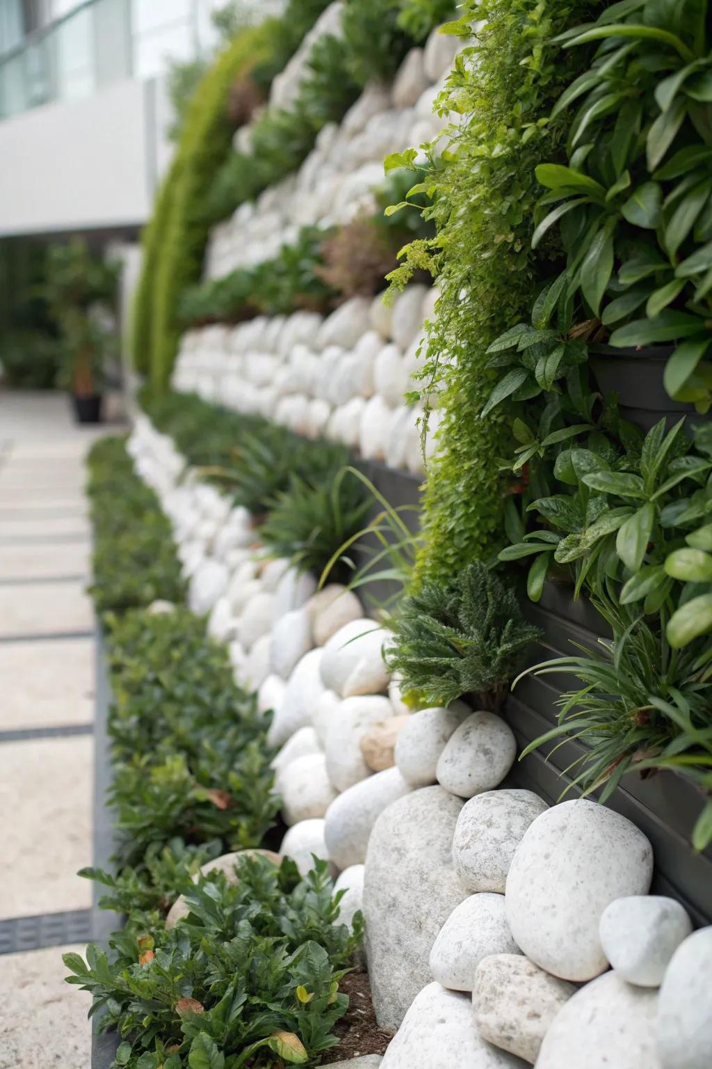 A distinctive vertical garden featuring white stones, adding dimension and offering a fresh point of view.
