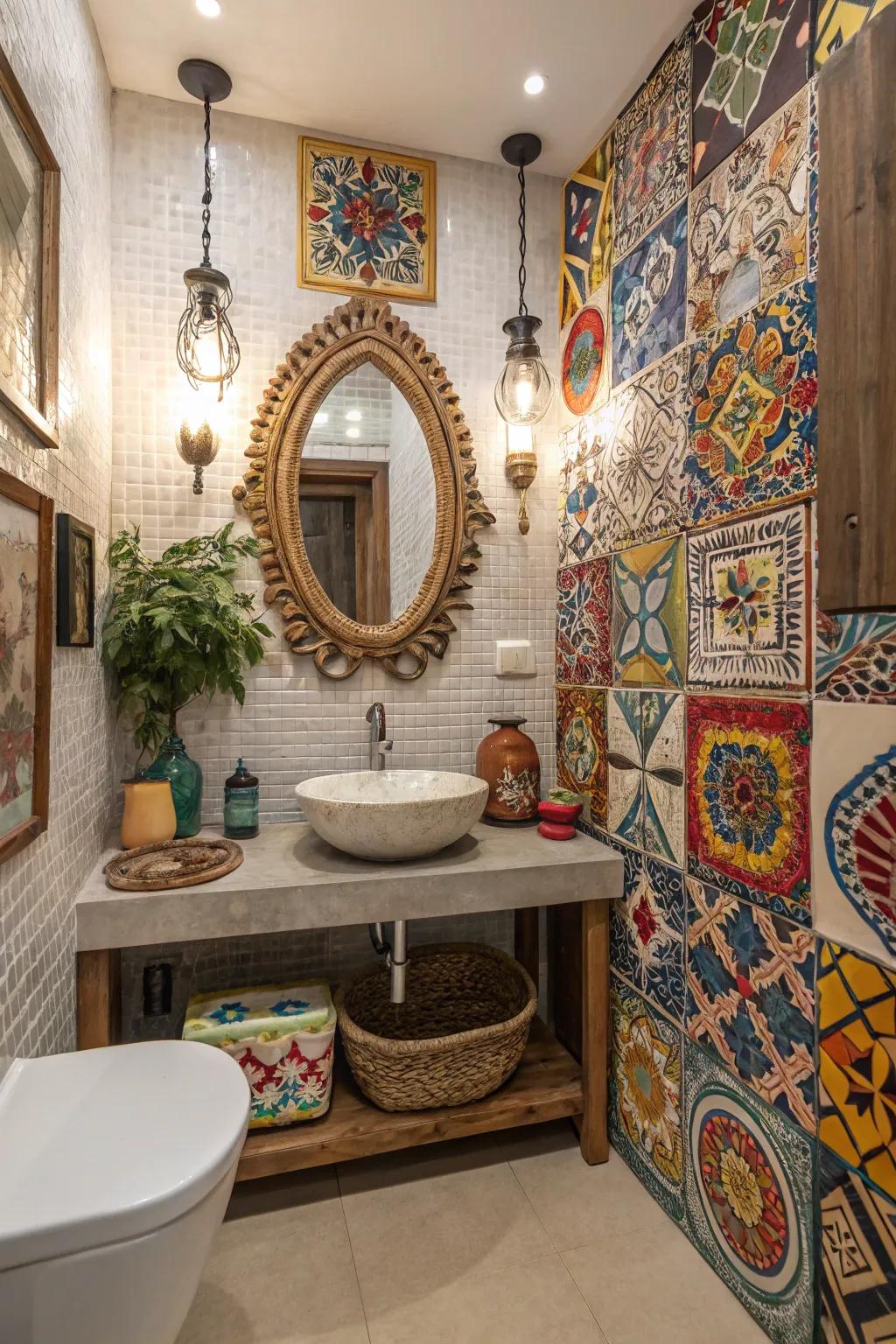A bathroom showcasing a unified blend of global mosaic designs.
