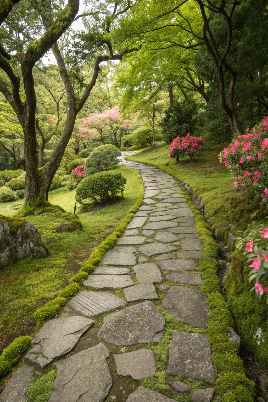 A whimsical path of stone showcasing moss for a storybook effect.