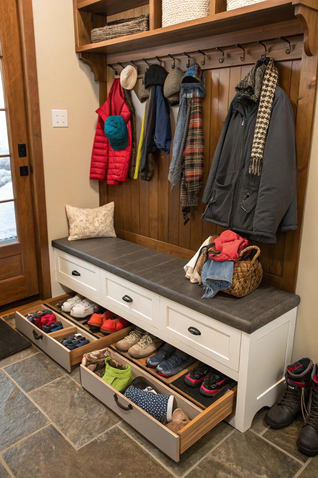 A mudroom seat featuring drawers underneath for storage.