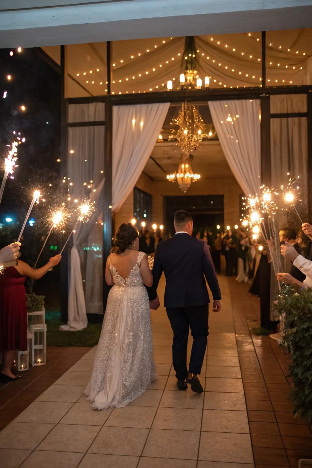 A chic exit featuring sparklers fashions a memorable send-off.