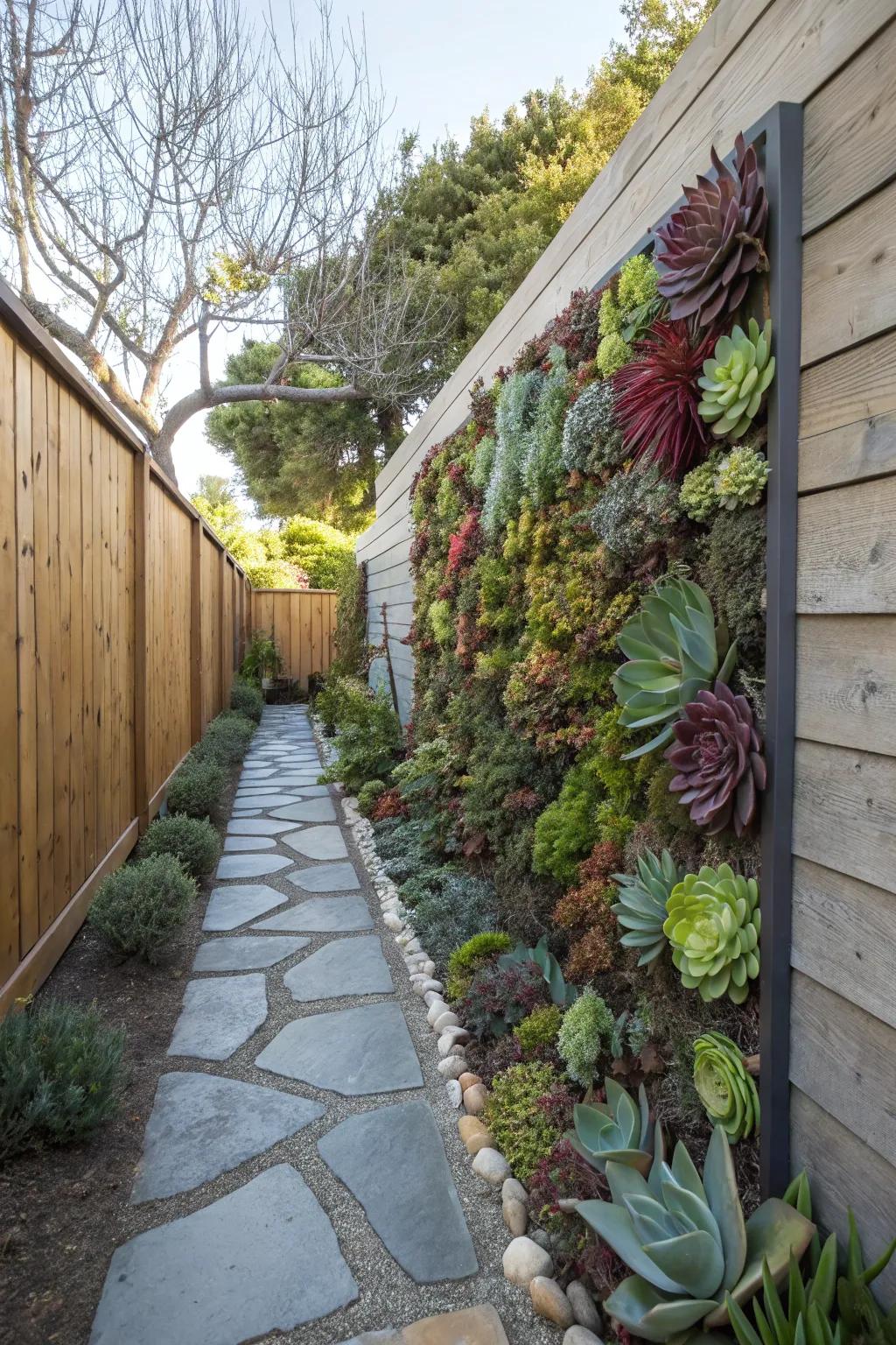 A succulent partition presents a stunning and low-maintenance feature in a narrow garden.