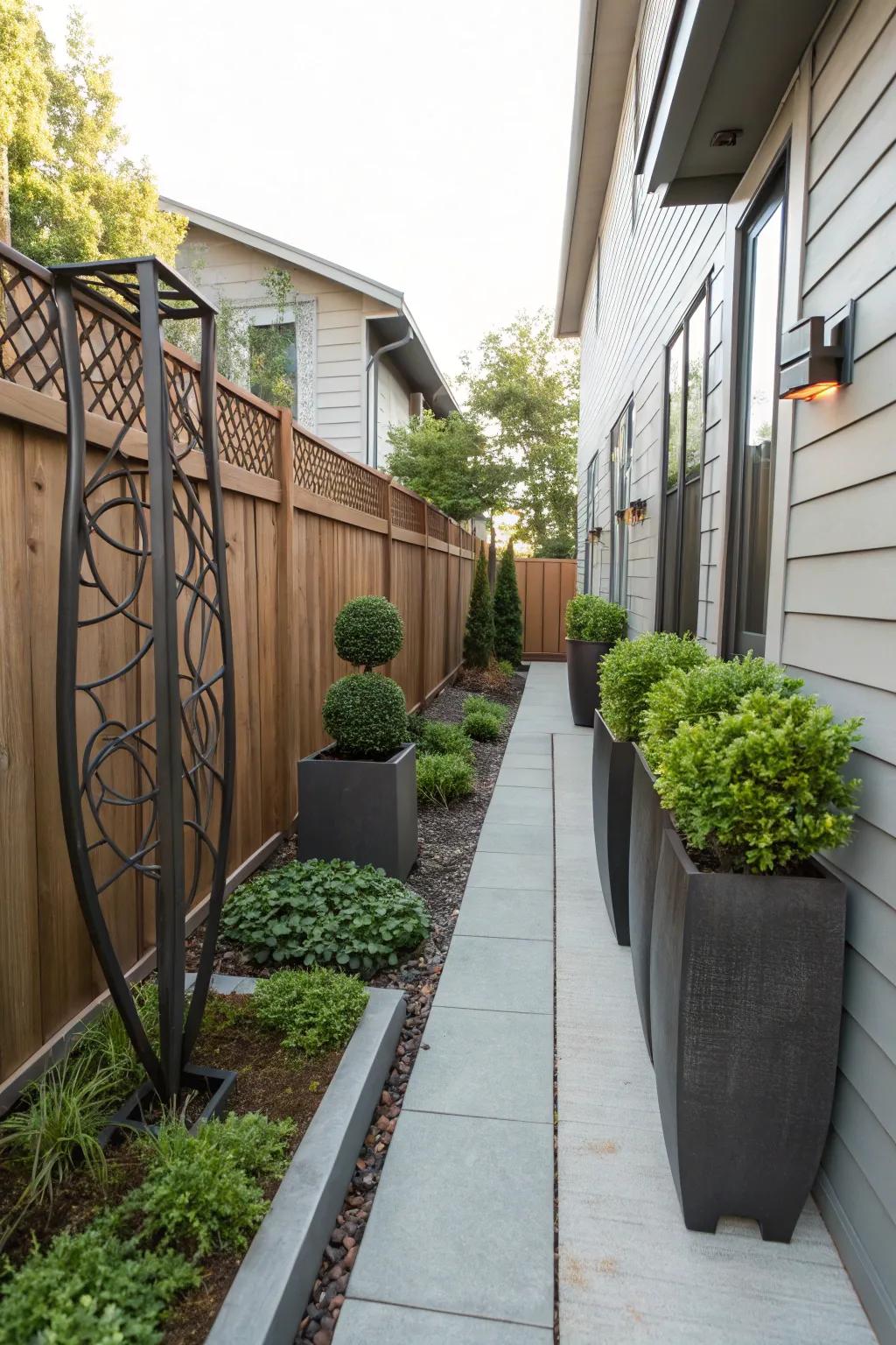 Metal aspects bring a modern and enduring touch to slender gardens.