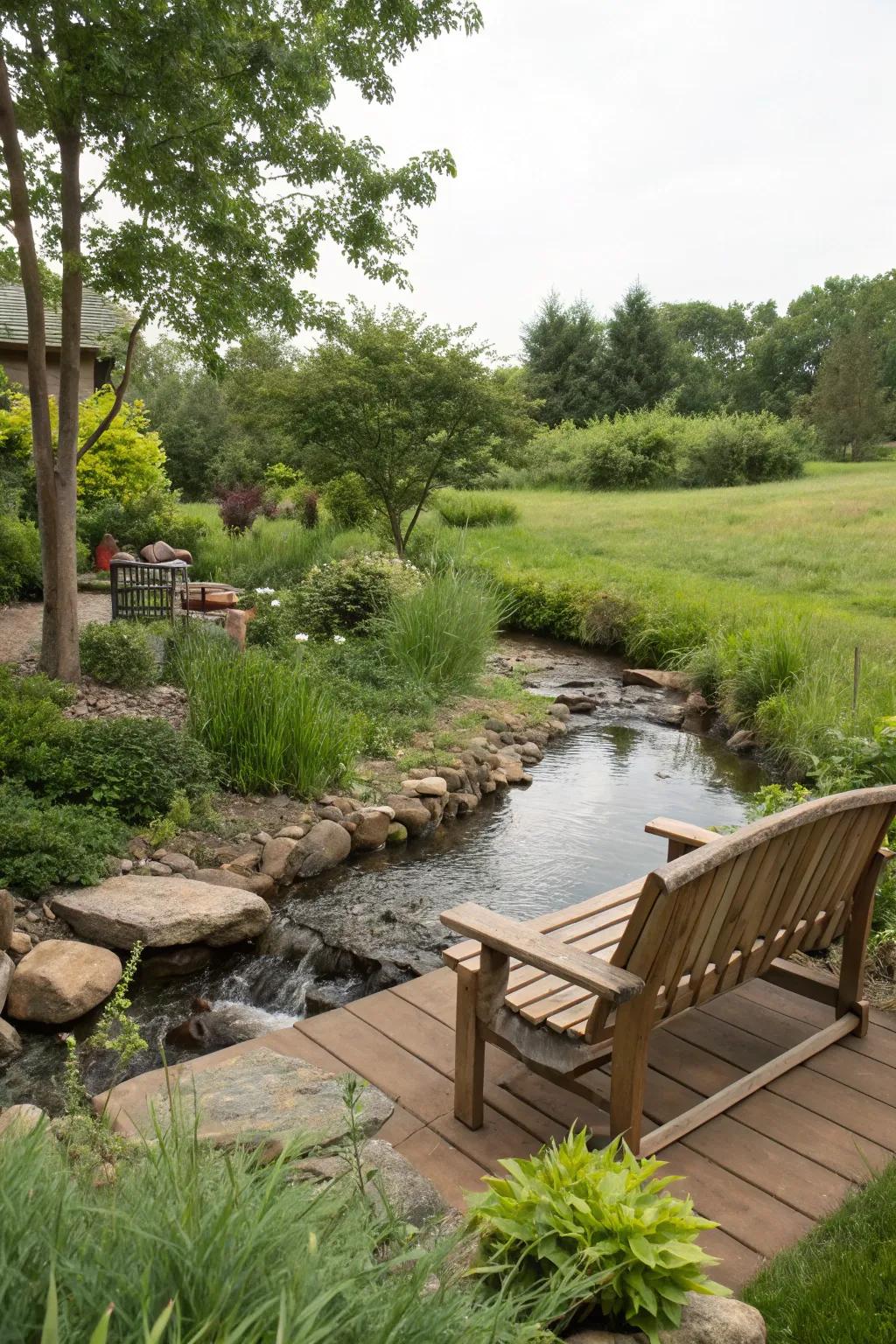 A cozy seating zone alongside the stream for relaxation.