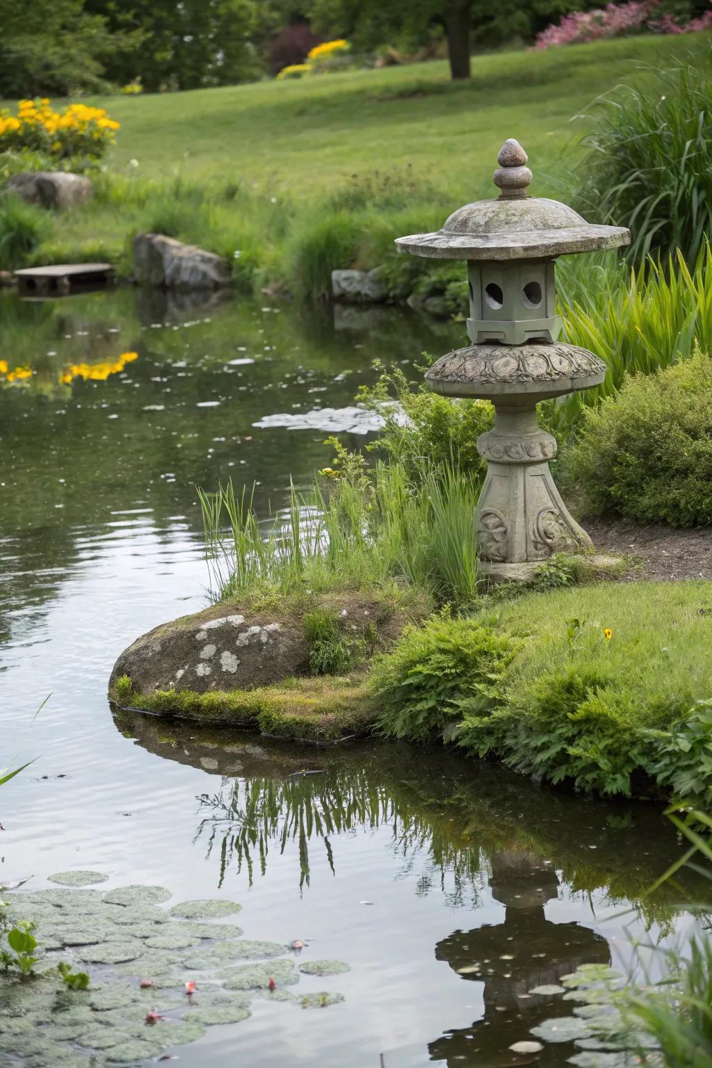 Art appends personality and a focal attraction to a pond vicinity.