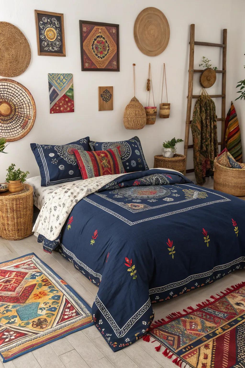 Incorporate a global element using cultural designs within sea blue bedding.