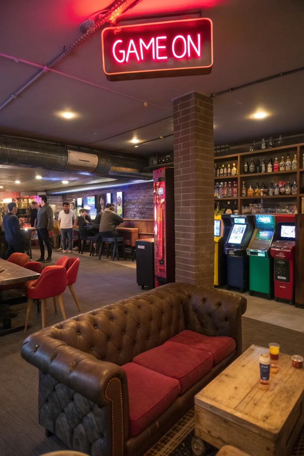 A vibrant neon art enhances the entertainment vibe of a lounge.