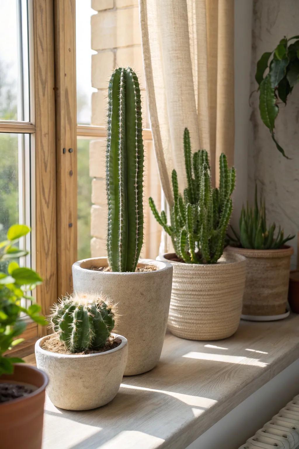 Embrace sunlight with a cacti collection, perfect for adding a low-maintenance touch to sunny office spots.