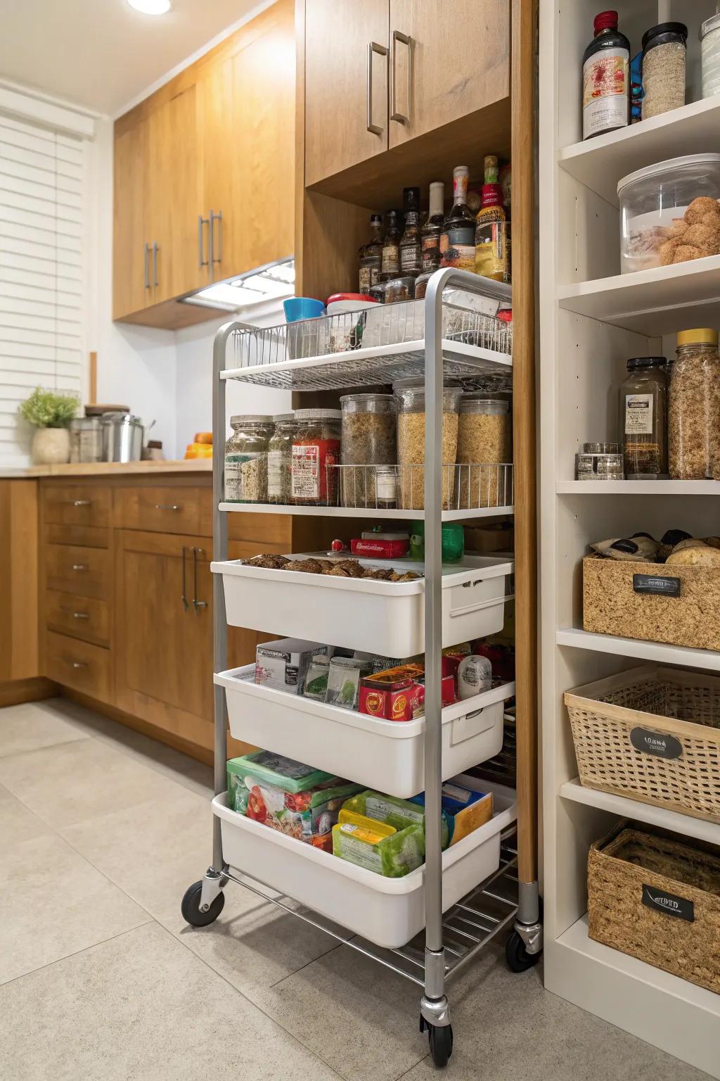 A rolling cart adds mobility and convenience in a pantry.