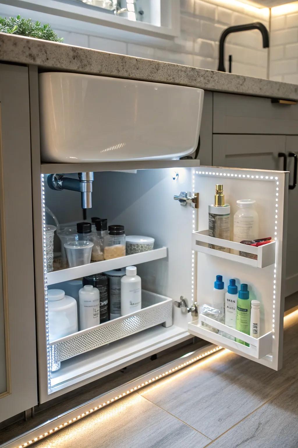 LED lighting brightens up your under-sink storage space.
