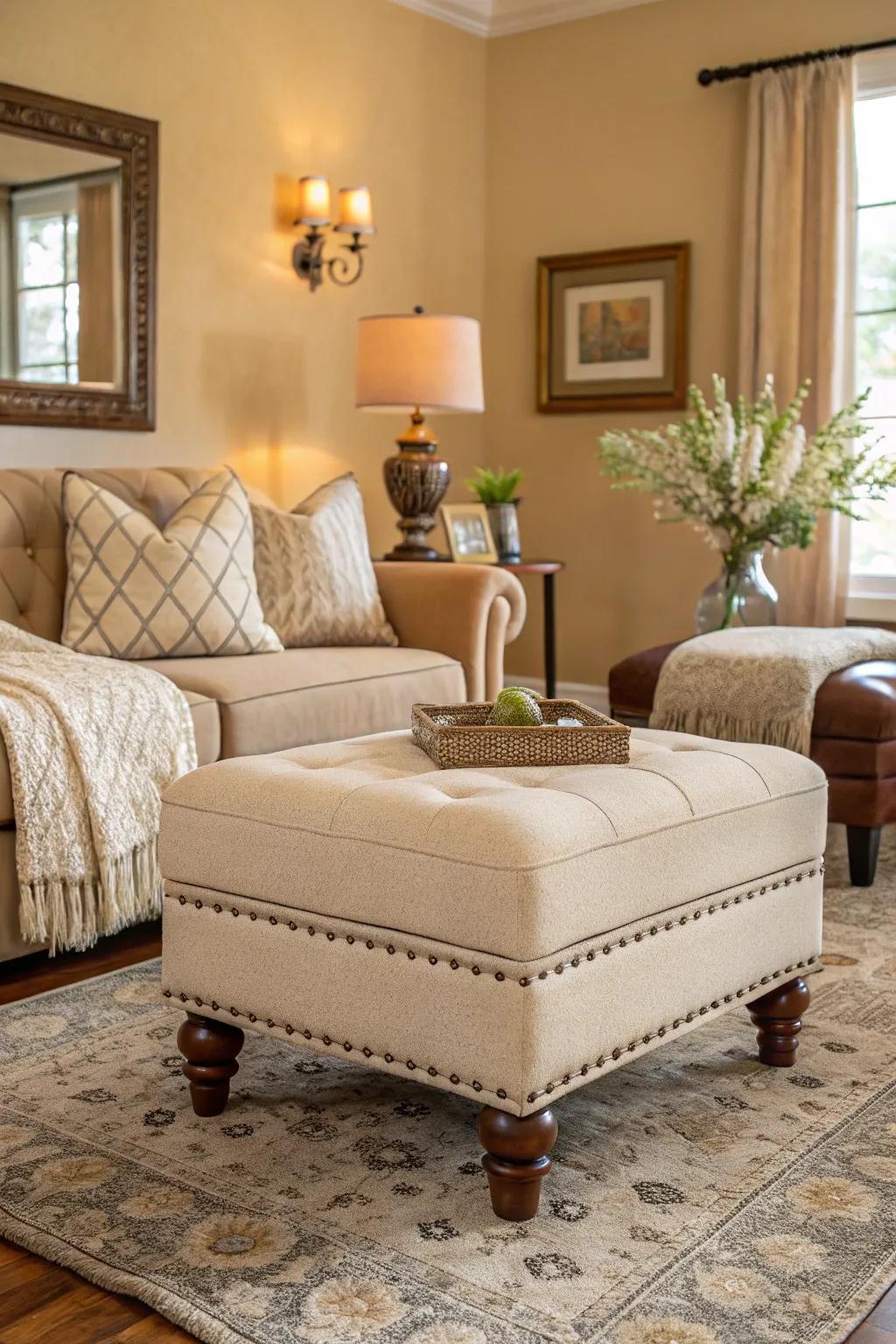 An ottoman in soft neutral shades offers understated elegance.