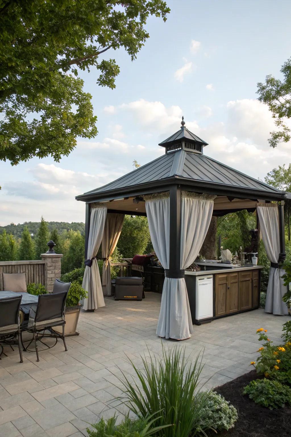 Find peace inside a secluded personal getaway outdoor kitchen gazebo.