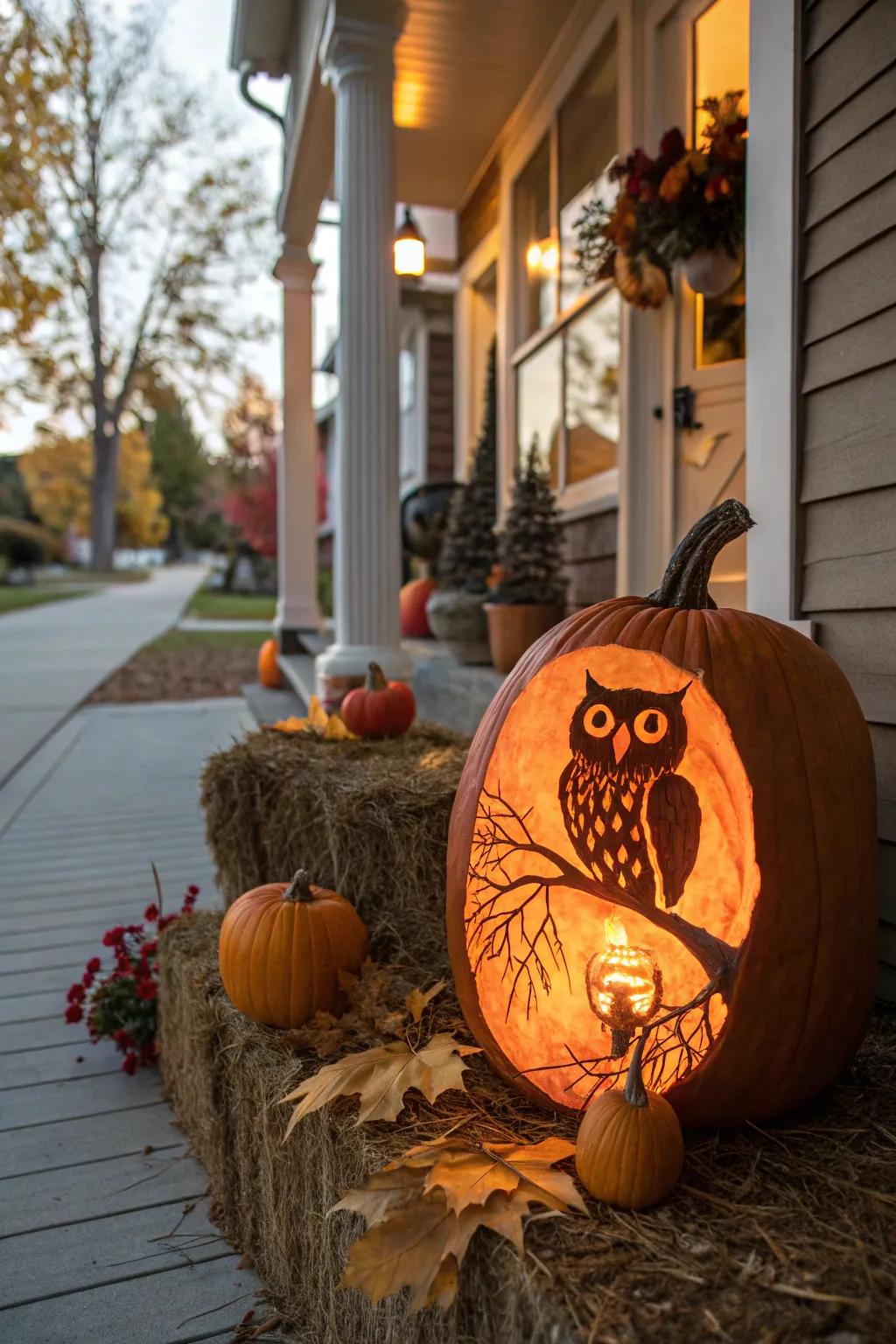 An owl inside a gourd collection celebrates the opulence of the harvest season.