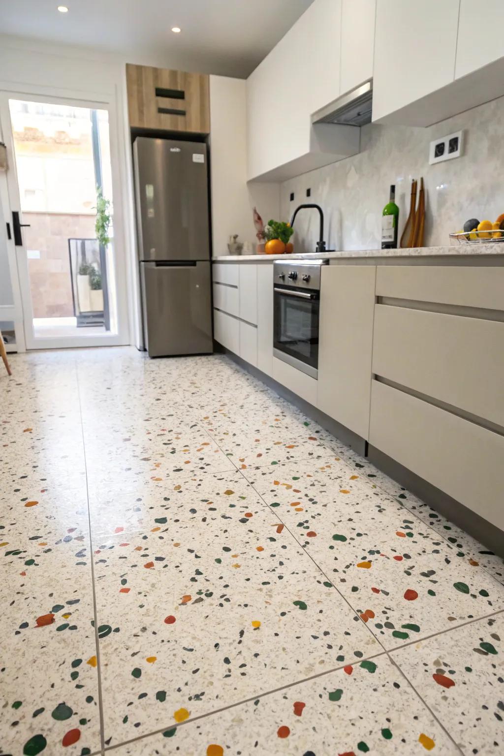 A kitchen featuring terrazzo painted floors, offering a stylish and practical timeless appeal.