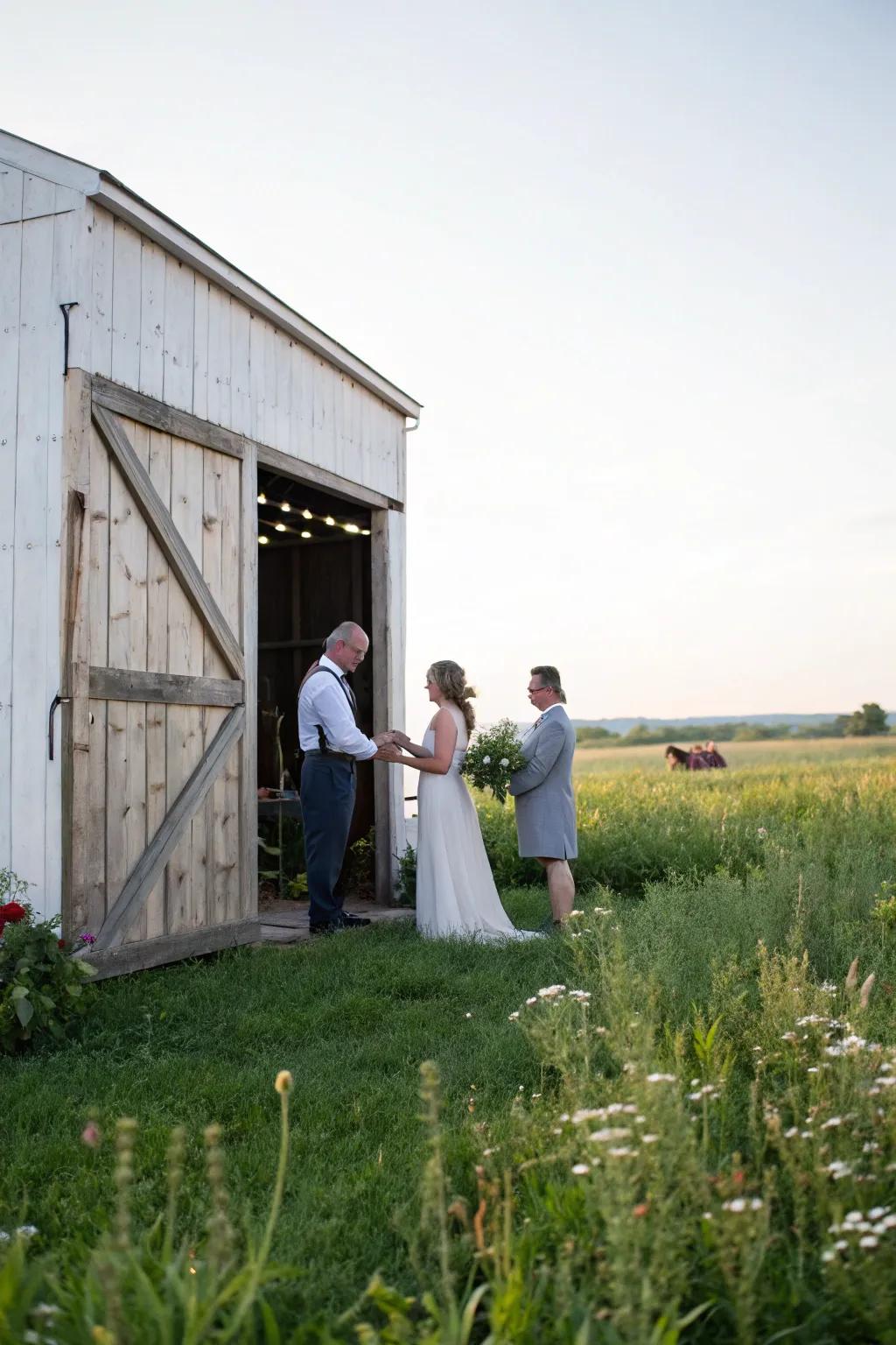 A farm door offers a country scene for the ceremony.