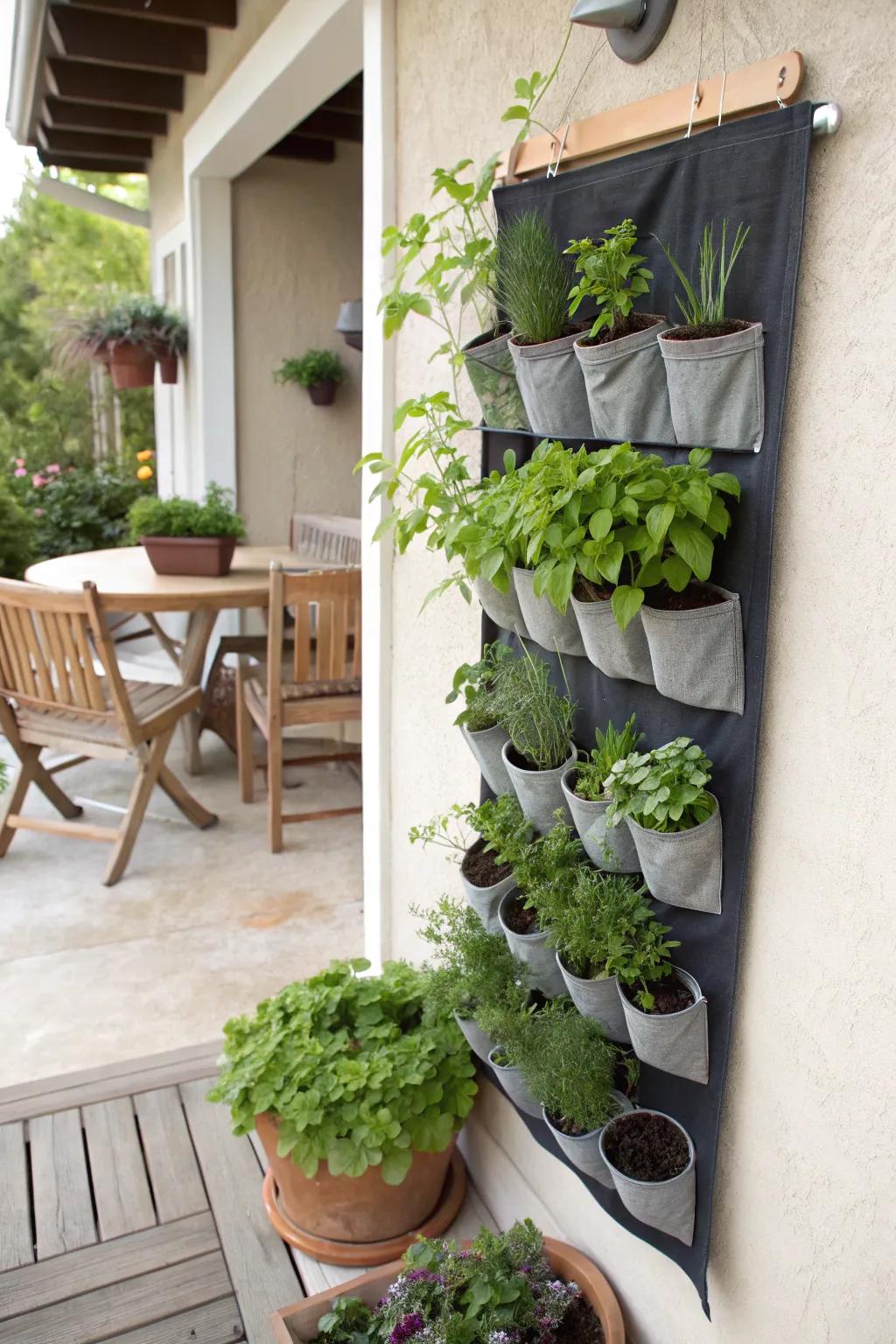 Footwear organizer transformed into an upright herb display.