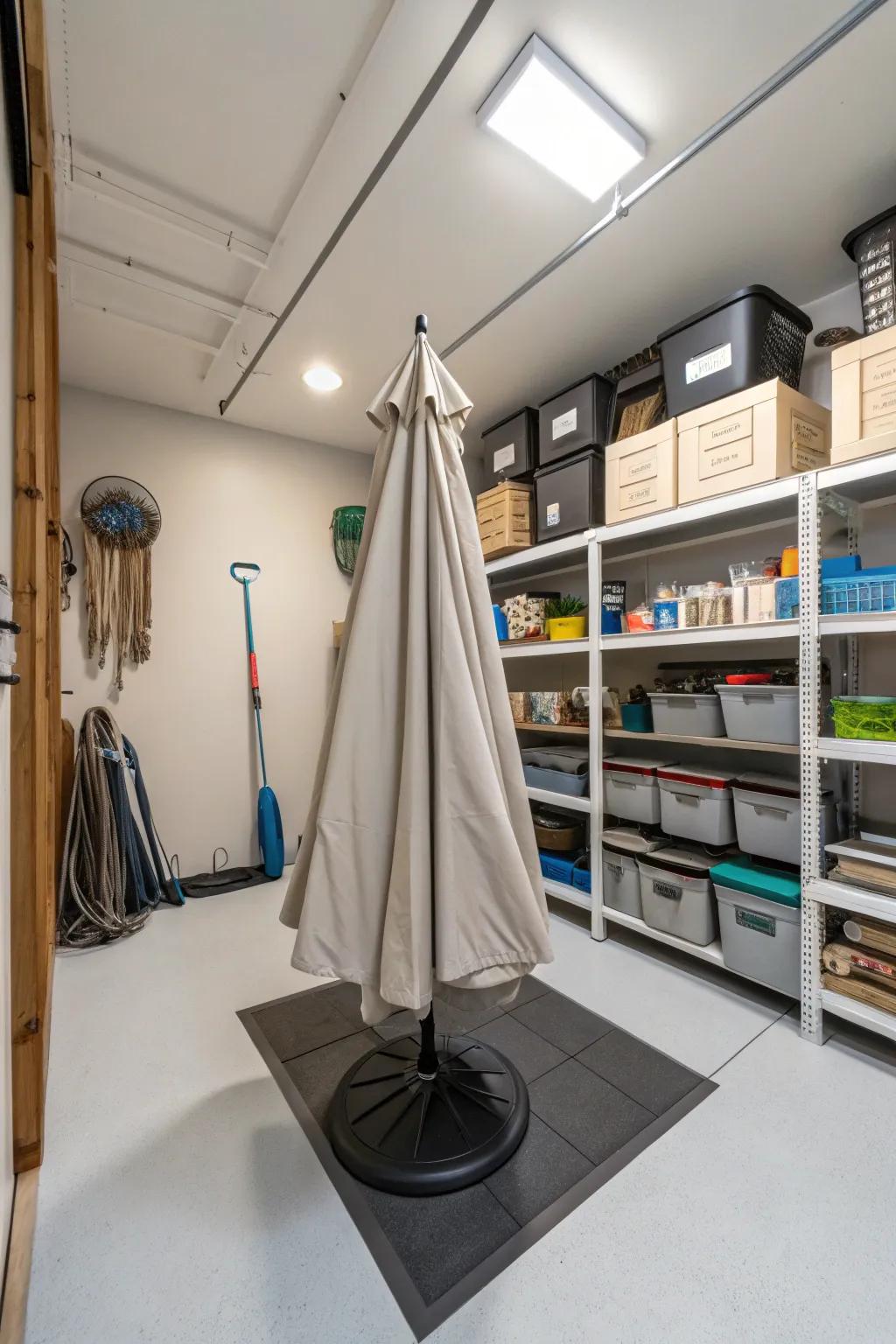 Basement storage presenting a safeguard intended for umbrella defense.