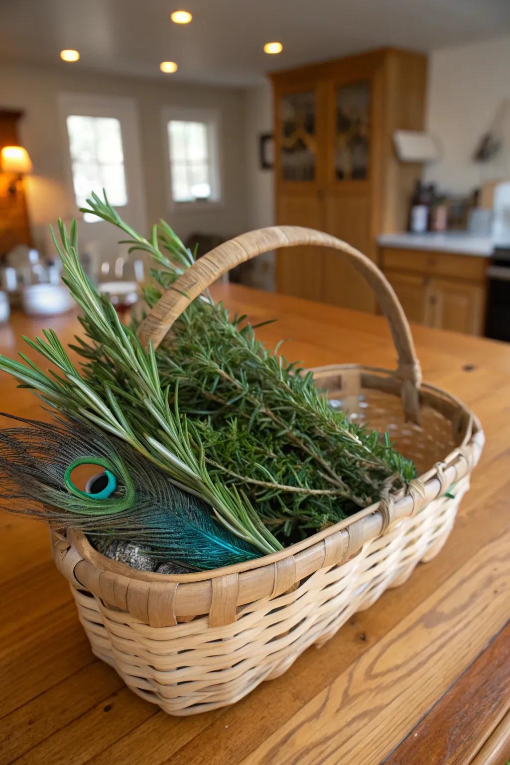 A sensory centerpiece exhibiting herbs and pheasant plumes.