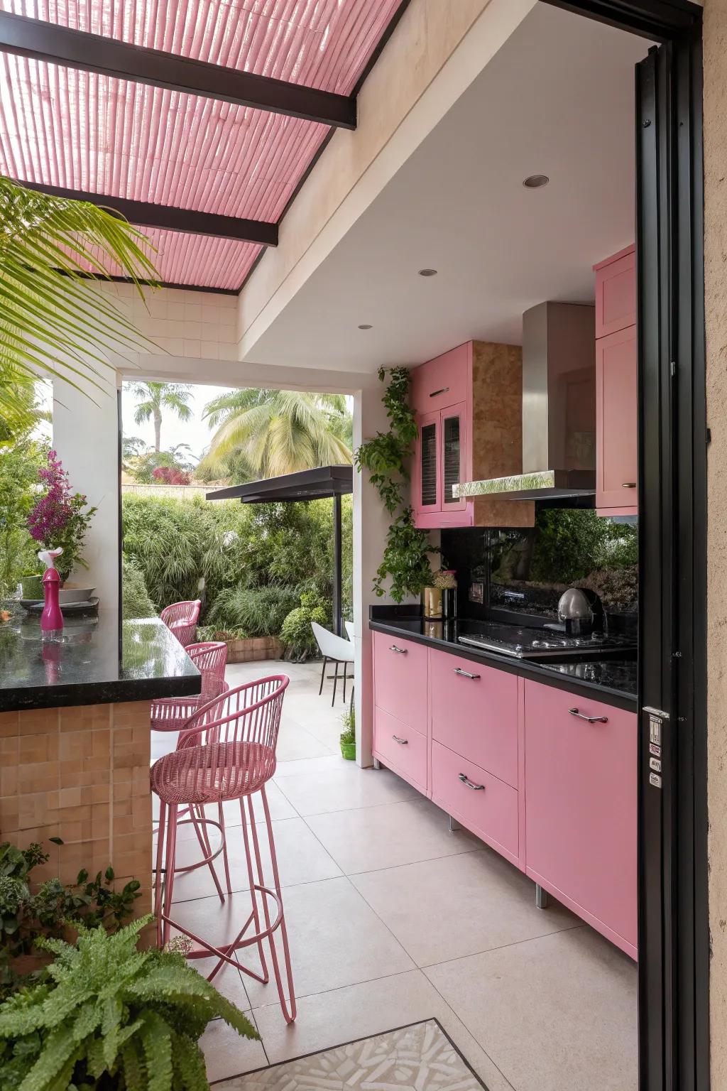 A unified color motif streams from the cooking area to the outdoor zone.