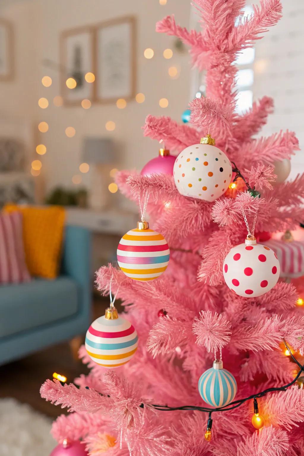 Playful motifs bring a lively spirit to this rose Christmas fir.