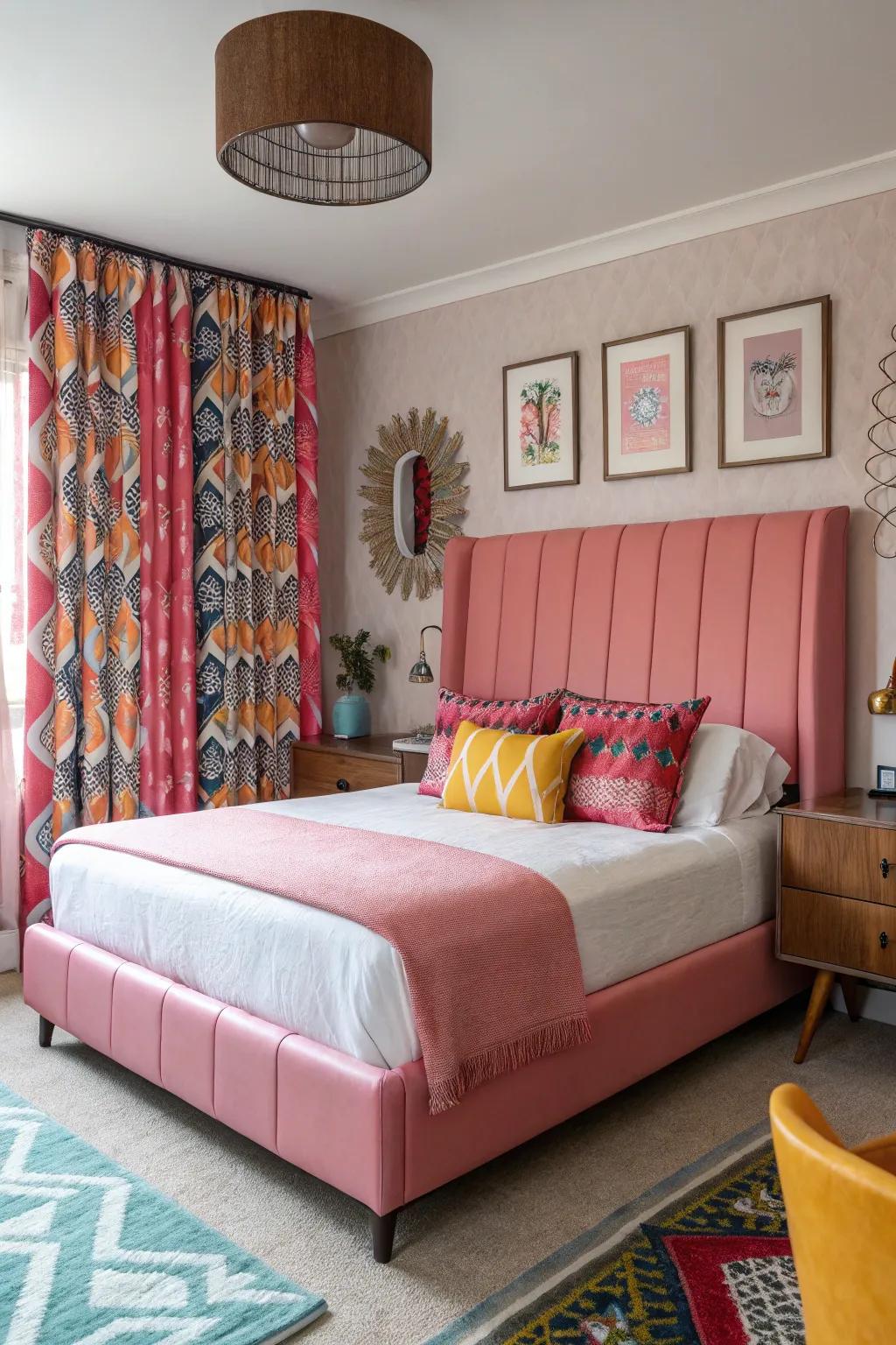 A retro-inspired bedroom starring a pink leather headboard.