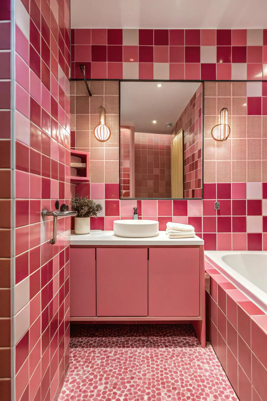 A daring, monochromatic roseate bathroom design.