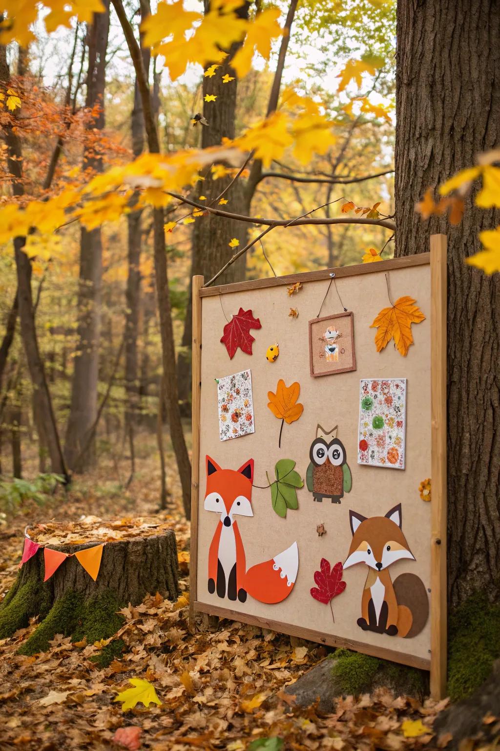 A charming fall bulletin board featuring woodland creatures.