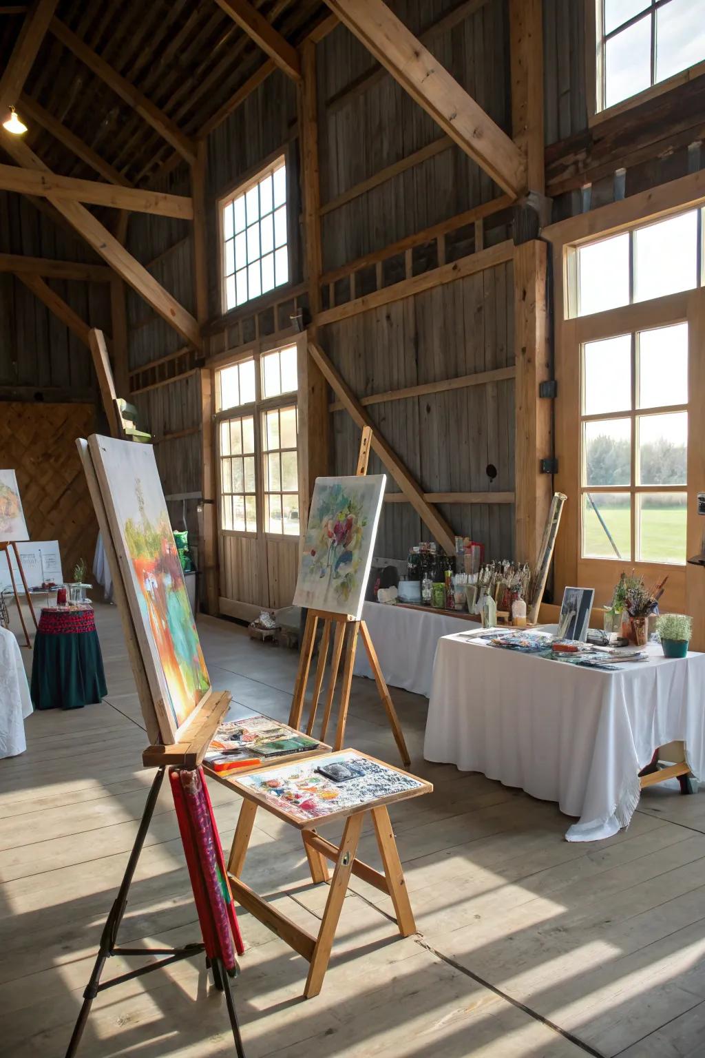 A studio space inside a pole barn featuring frames and art supplies.