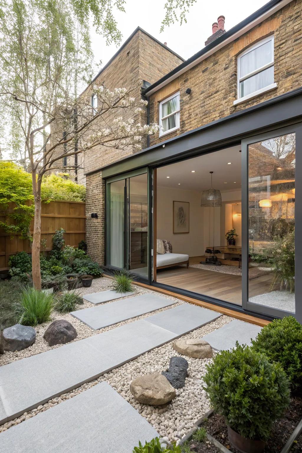 A tranquil back house extension connected to a serene Zen garden.