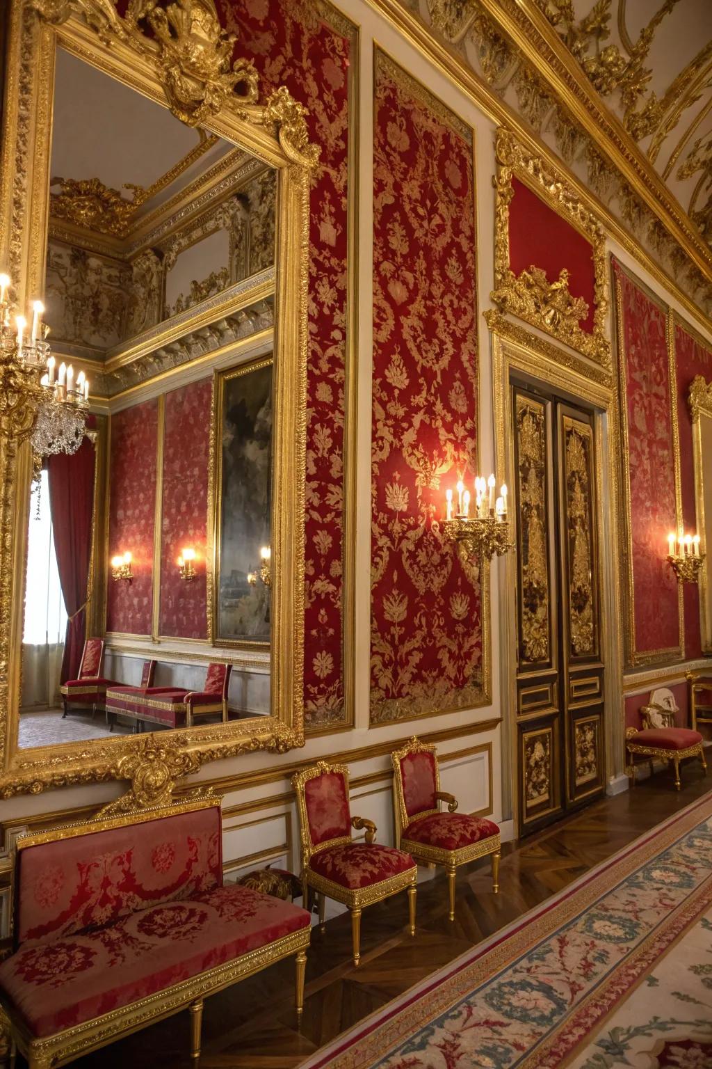 Gilded mirrors enhance the area by reflecting the aesthetic.