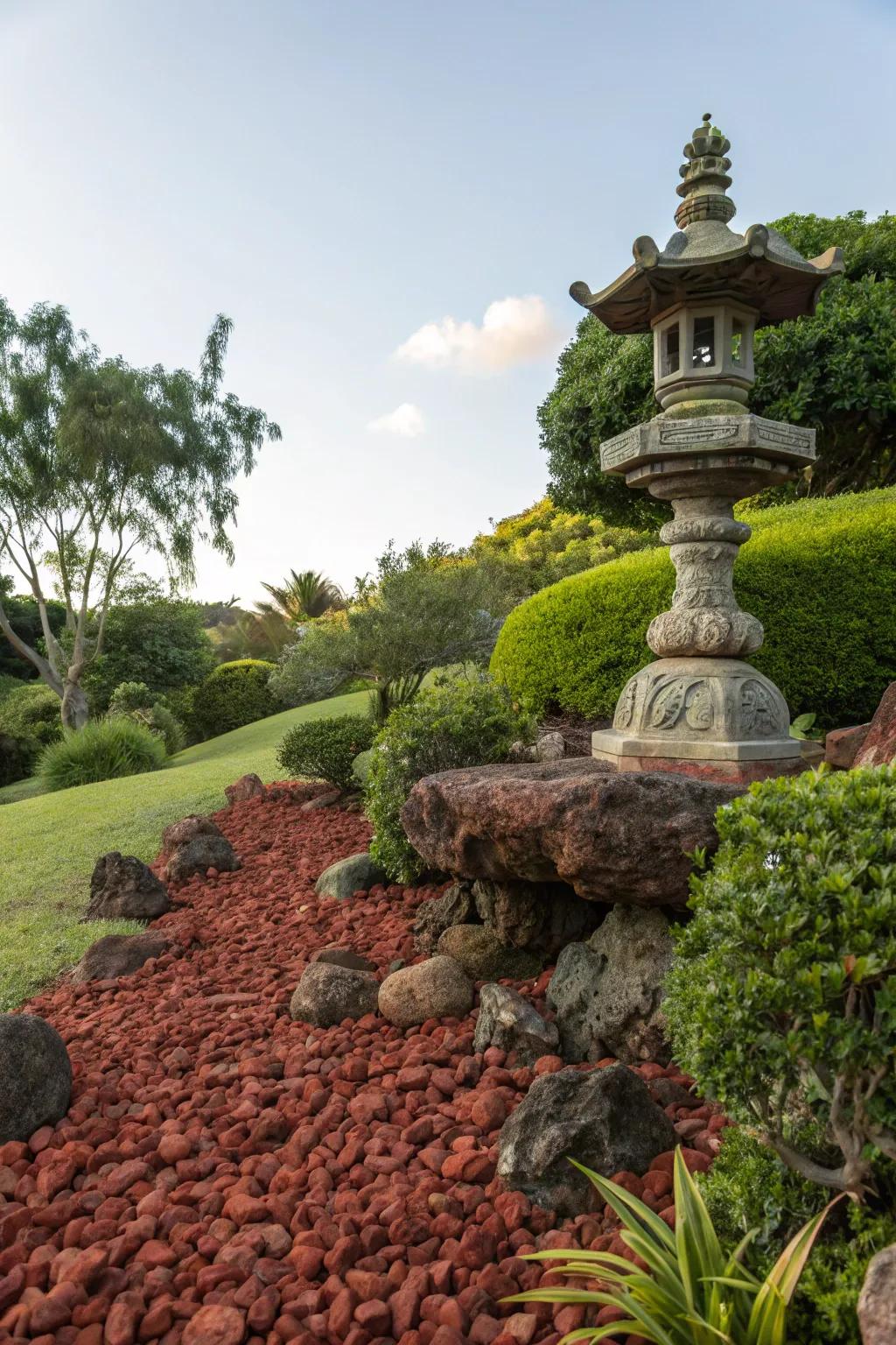 A sculpture on crimson volcanic stones becomes a standout feature in this garden.