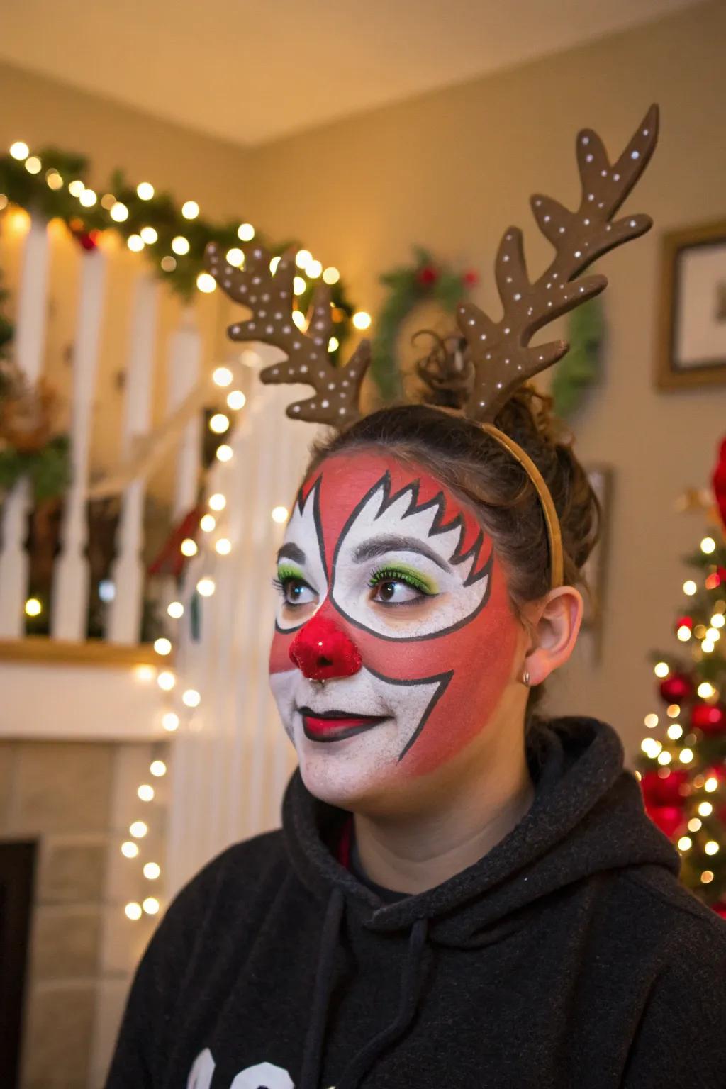 Bold colors and striking contrasts make for a standout reindeer face paint.