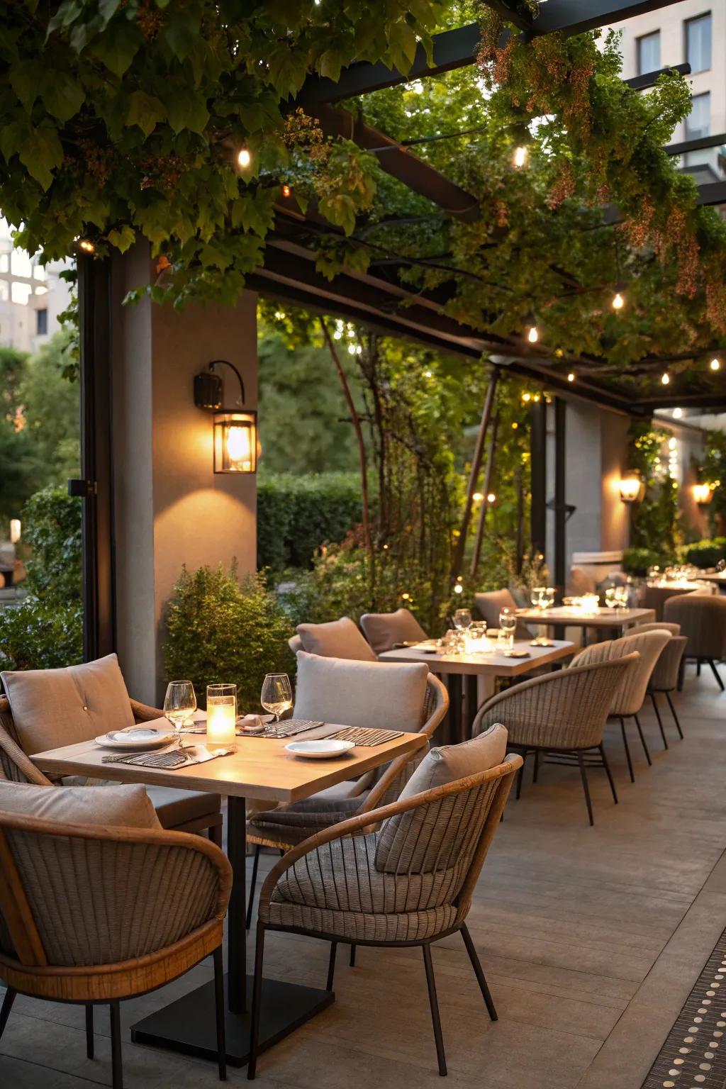 Stylish outdoor spaces beckon guests to relax.