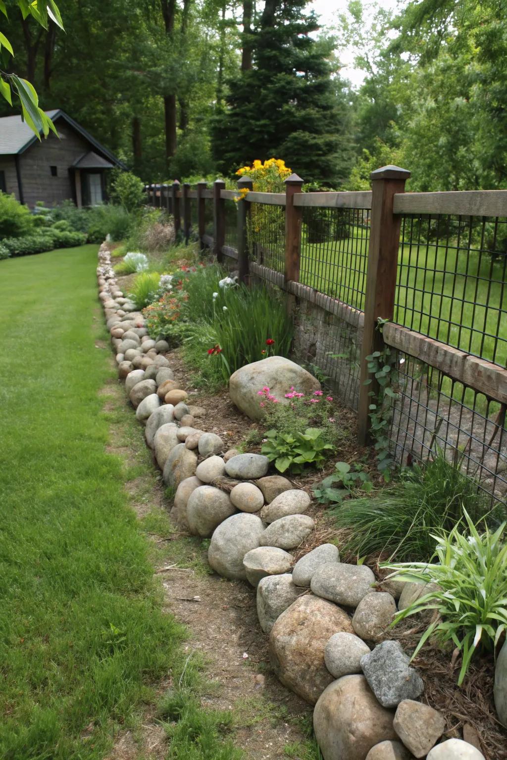 River stones soften and elevate this garden's fence line, infusing inherent allure.