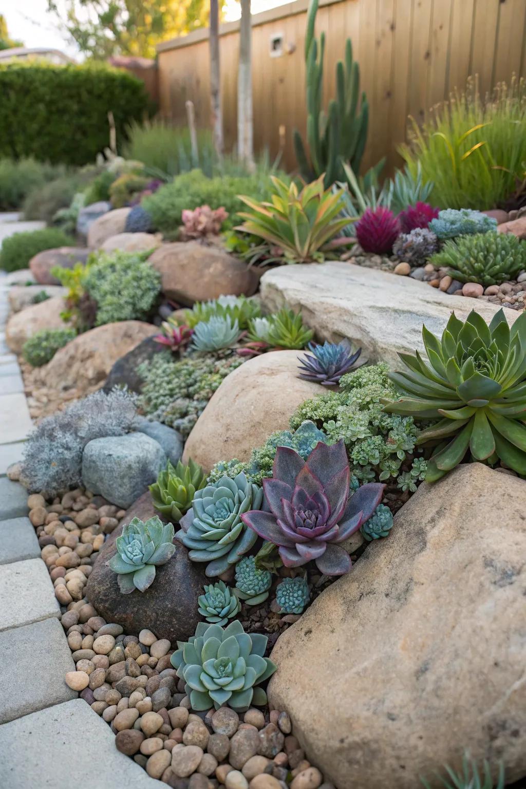 Design a vibrant garden with stones and succulents.